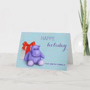 Wishing Happy Holiday Purple Teddy Hippo Christmas Card