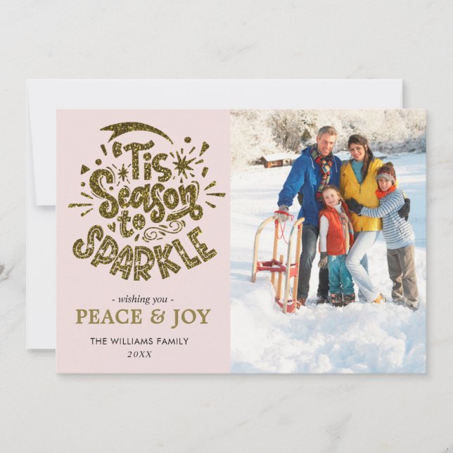 Wishing Peace and Joy Gold Glitter Shiny  Photo Holiday Card (Front)