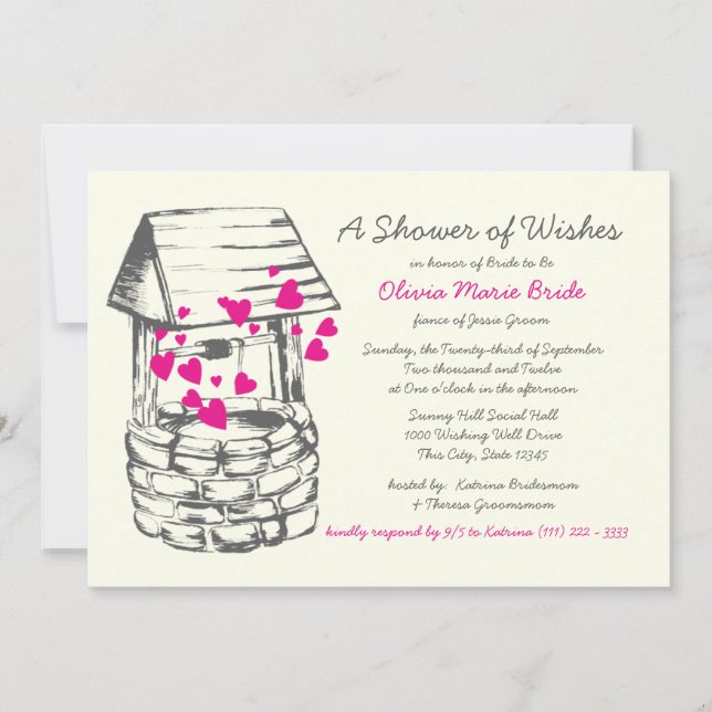 Wishing Well Bridal Shower Pink Hearts Invitation (Front)