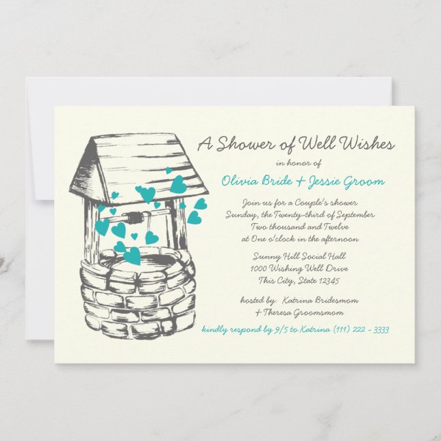 Wishing Well Couples Shower Turquoise Hearts Invitation (Front)
