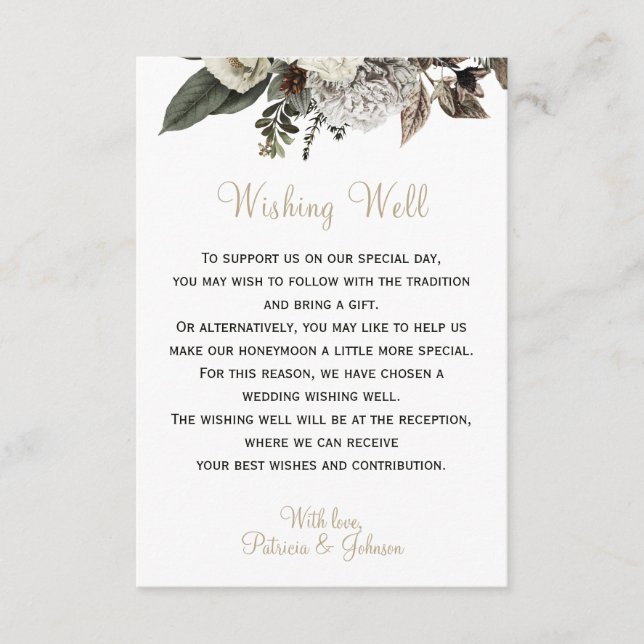 Wishing well elegant white peonies winter wedding enclosure card (Front)
