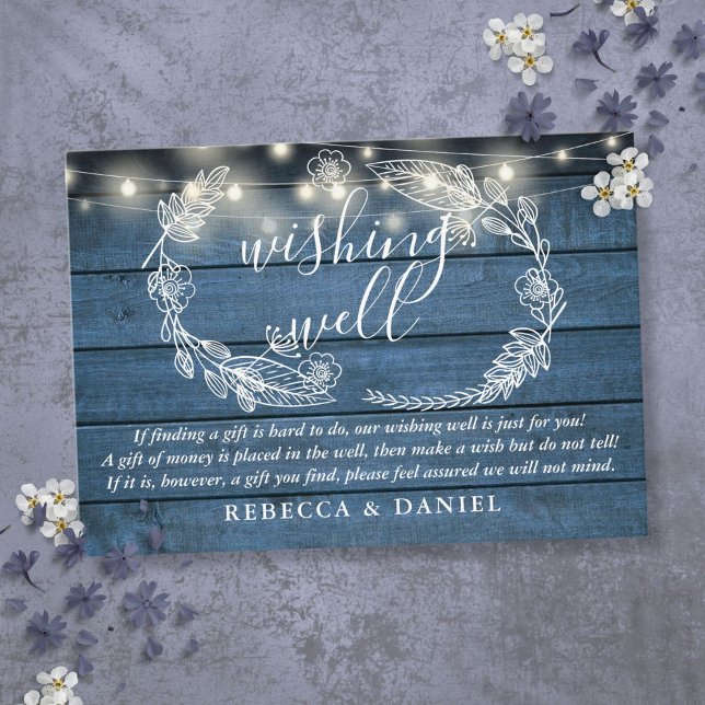 Wishing Well String Lights Blue Wood Wedding Enclosure Card (Wishing Well String Lights Blue Wood Wedding Enclosure Card)