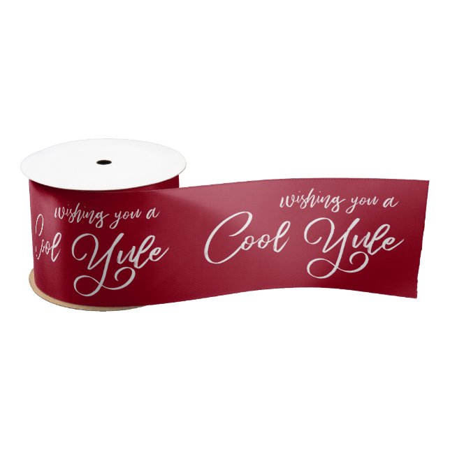 Wishing You A Cool Yule White Script Burgundy Satin Ribbon (Spool)