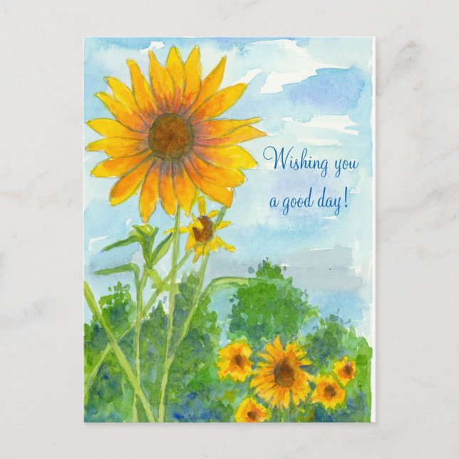 Wishing You A Good Day Watercolor Sunflowers Postcard (Front)