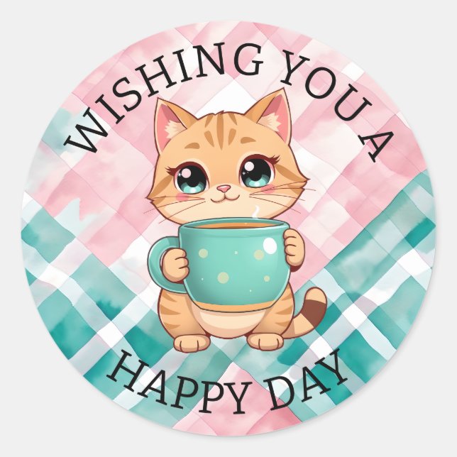 Wishing You a Happy Day | Cute Cat Classic Round Sticker (Front)