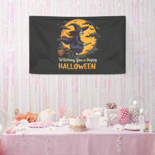 Wishing You a Happy Halloween Witch on Broomstick Banner