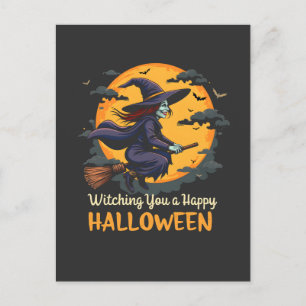 Wishing You a Happy Halloween Witch on Broomstick Invitation Postcard