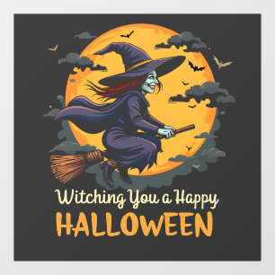 Wishing You a Happy Halloween Witch on Broomstick Window Cling