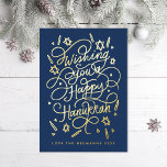 Wishing you a happy hanukkah handlettering foil holiday card<br><div class="desc">Handlettered "wishing you a happy hanukkah" blue and gold foil; background colour is editable; photos on the back.</div>