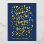 Wishing you a happy hanukkah handlettering foil holiday postcard<br><div class="desc">Handlettered "wishing you a happy hanukkah" blue and gold foil; background colour is editable; photos on the back. postcard version</div>