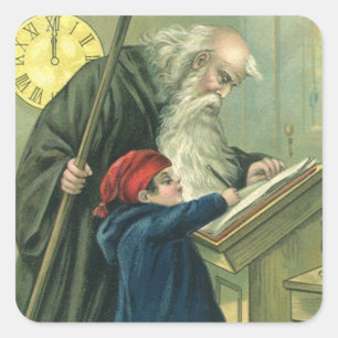 Wishing You a Happy New Year, Vintage Father Time Square Sticker