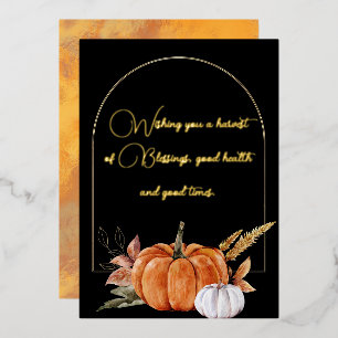 Wishing You a Harvest Quote Orange White Pumpkins Foil Holiday Card