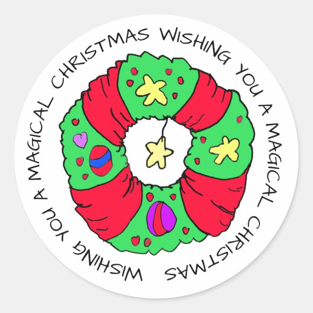 Wishing you a Magical Christmas Wreath Holiday Classic Round Sticker (Front)