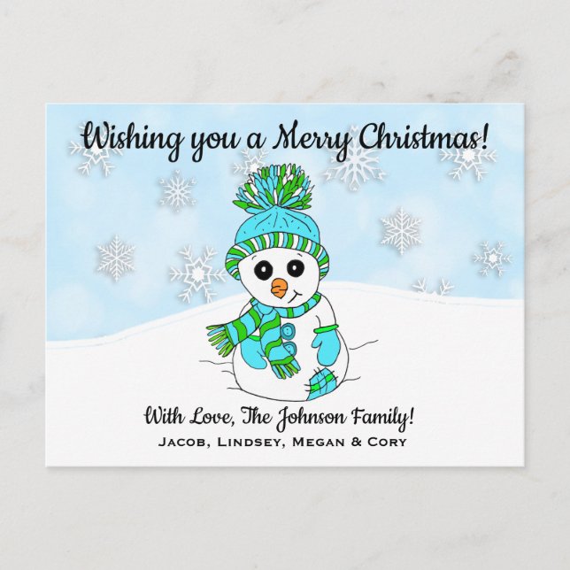 Wishing you a Merry Christmas Blue Snowman Postcard (Front)