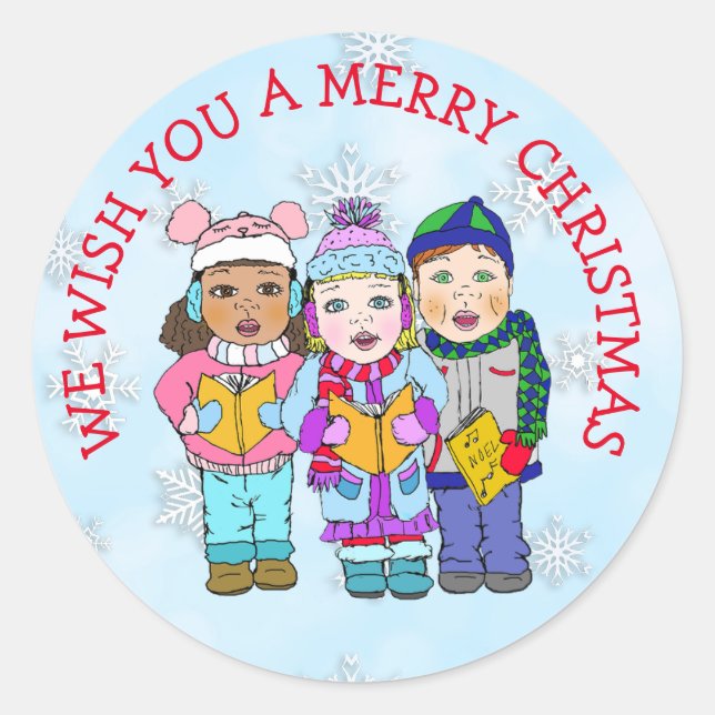 Wishing you a Merry Christmas Carolers Classic Round Sticker (Front)