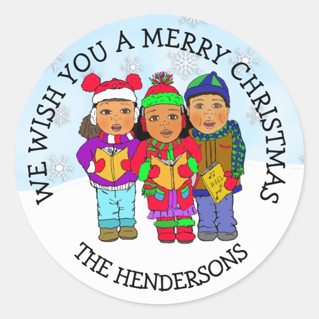 Wishing you a Merry Christmas Carolers Classic Round Sticker (Front)
