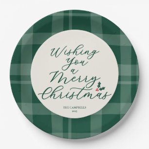 Wishing You a Merry Christmas Dark Green Plaid Paper Plate