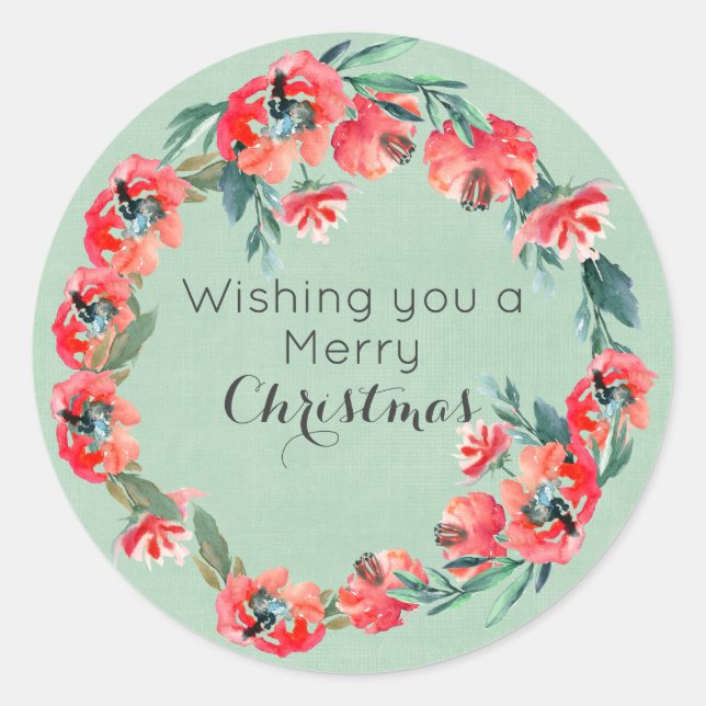 Wishing You A Merry Christmas Red Floral Design Classic Round Sticker (Front)