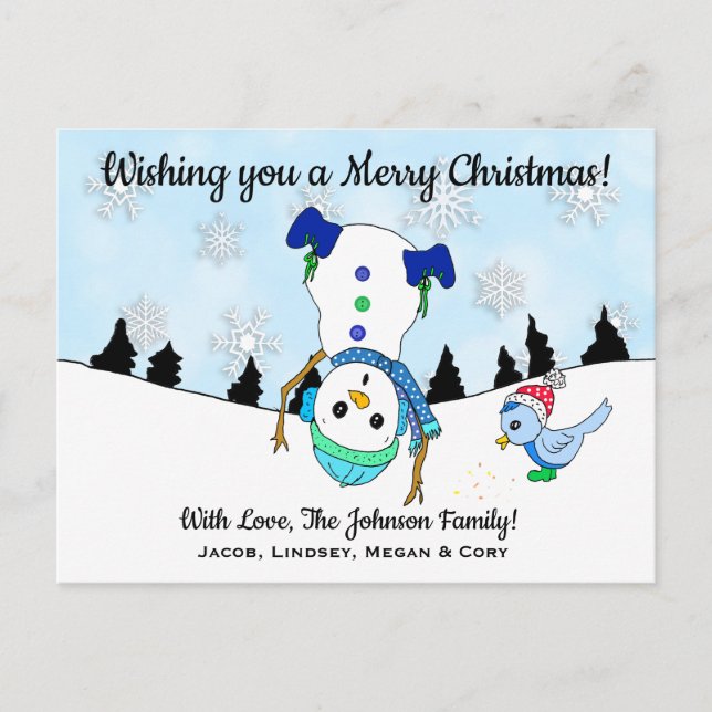 Wishing you a Merry Christmas Upside Down Snowman Postcard (Front)