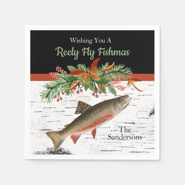 Wishing You a Reely Fly Fishmas, Trout Christmas  Napkin (Front)