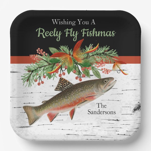 Wishing You a Reely Fly Fishmas, Trout Christmas  Paper Plate (Front)