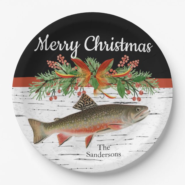 Wishing You a Reely Fly Fishmas, Trout Christmas   Paper Plate (Front)