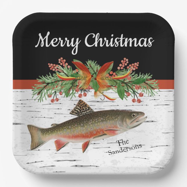 Wishing You a Reely Fly Fishmas, Trout Christmas   Paper Plate (Front)
