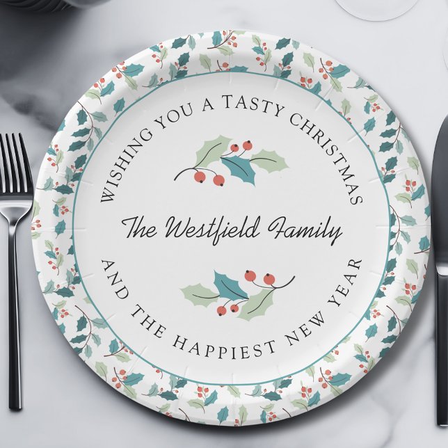 Wishing You a Tasty Christmas Holly Berries Paper Plate (Wishing You a Tasty Christmas Holly and Red Berries Round Paper Plate)