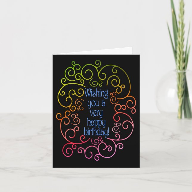 Wishing You a Very Happy Birthday -Swirls on Black Card (Front)