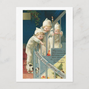 Wishing You Christmas Cheer Kids, Dog on Stairwell Holiday Postcard