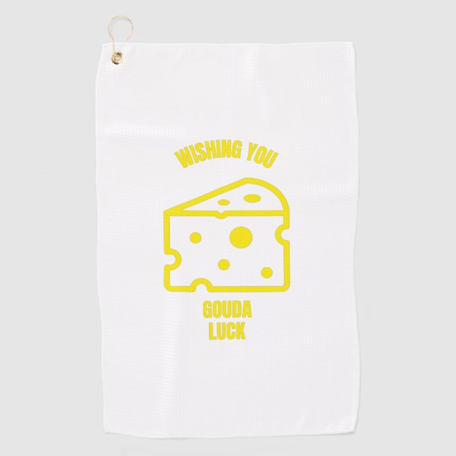 Wishing you gouda luck funny cheese pun jokes golf towel (Front)