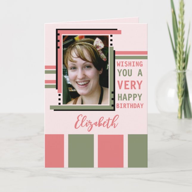 Wishing you happy birthday photo pink green card (Front)