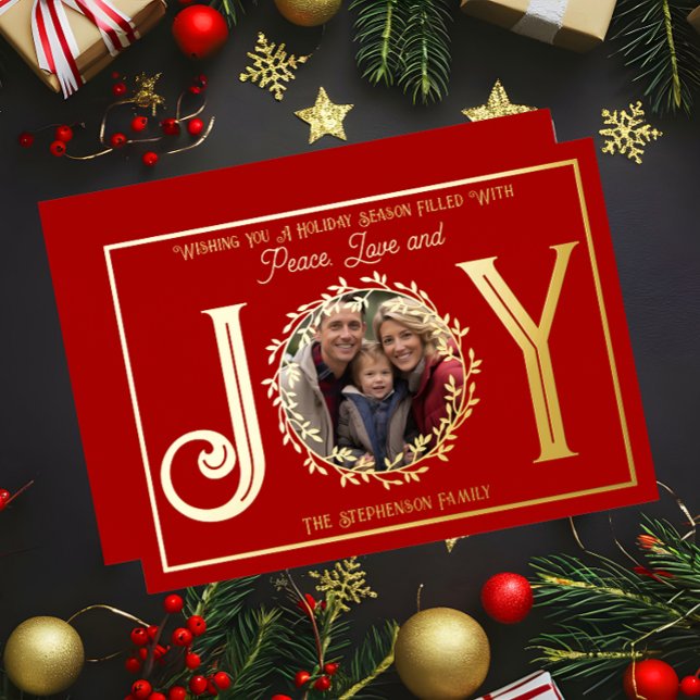 Wishing You Holiday Season Peace Love and Joy ("Wishing You Peace Love and Joy" Gold Foil Photo Red Christmas Holiday Flat Card -Print Only)