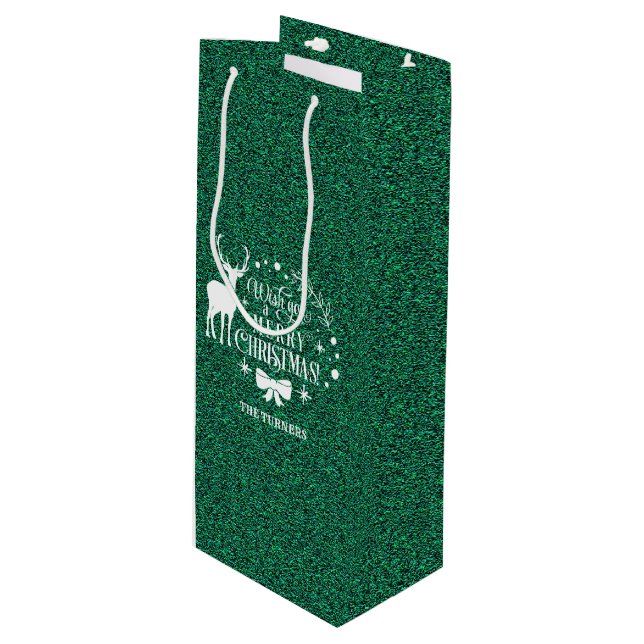 Wishing You Merry Christmas Green Glitter Monogram Wine Gift Bag (Front Angled)