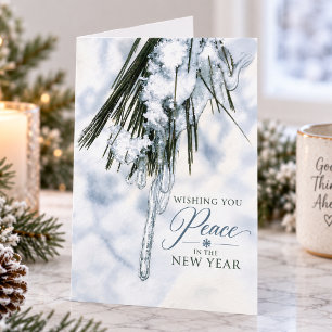 Wishing You Peace in New Year Winter Pine Icicles Holiday Card