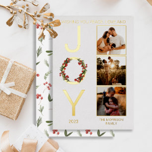 Wishing You Peace Love and Joy 3 Photo Christmas Foil Holiday Card