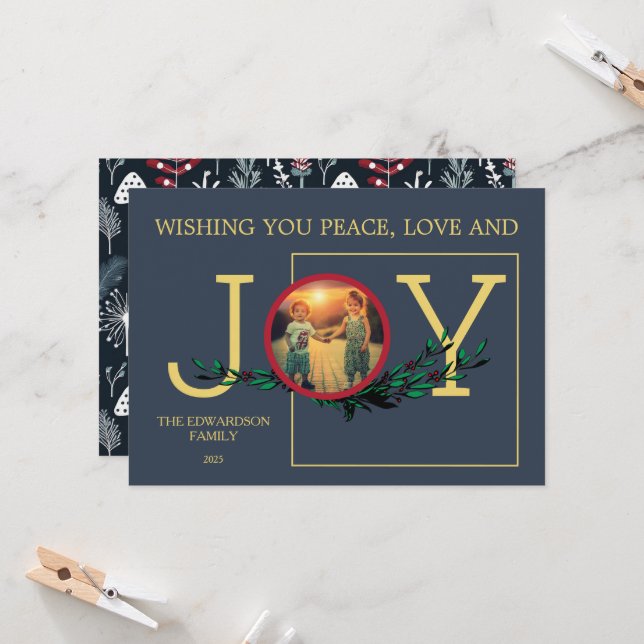 Wishing you Peace Love Joy photo Christmas card (Front/Back In Situ)