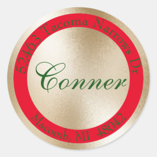 Wishing You Red, Gold & Green Return Address - Classic Round Sticker