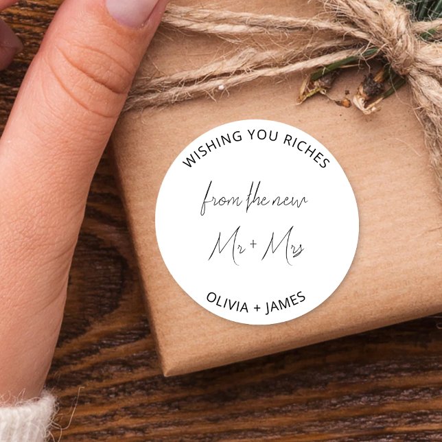 Wishing You Riches From The New Mr Mrs Wedding Bag Classic Round Sticker (Creator Uploaded)