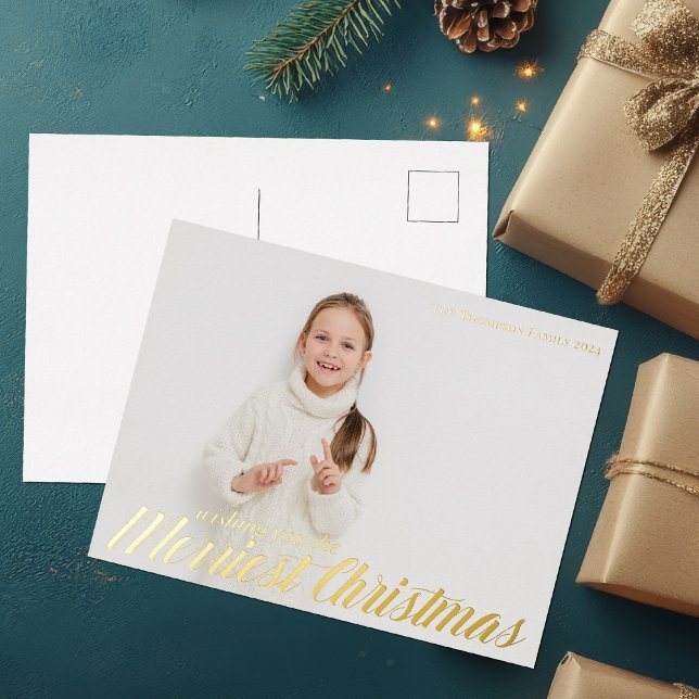 Wishing You the Merriest Christmas Chic Photo Gold Foil Holiday Postcard (Creator Uploaded)
