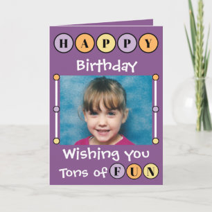 Wishing you tons of fun purple kids photo birthday card
