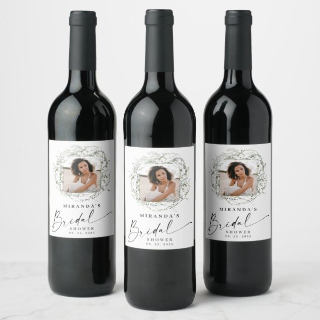 Wisps of Eucalyptus Greenery Photo Bridal Shower  Wine Label (Bottles)