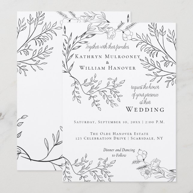 Wispy Black Floral Outlines on Kraft Wedding Invitation (Front/Back)