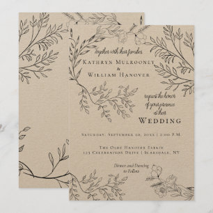 Wispy Black Floral Outlines on Kraft Wedding Invitation
