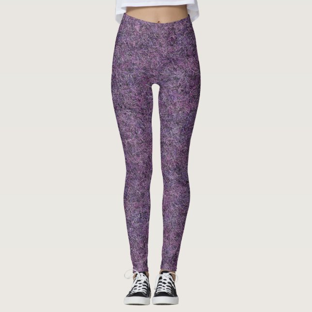 Wispy Black Purple White Faux Shag Texture Leggings (Front)