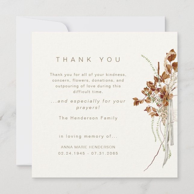 Wispy Boho Cream Funeral Bereavement Thank you Card (Front)
