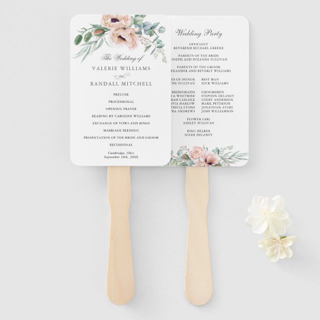 Wispy Boho Watercolor Poppies Wedding Program Hand Fan (Front and Back)