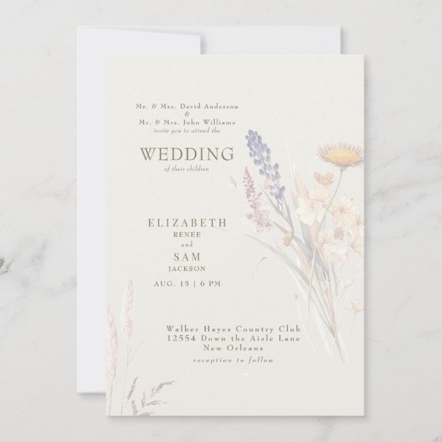 Wispy Botanical Cream Both Parents Wedding Invitation (Front)