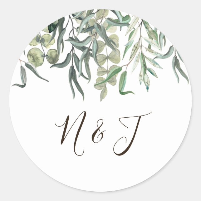 Wispy Eucalyptus Bunch Floral Greenery Wedding   Classic Round Sticker (Front)