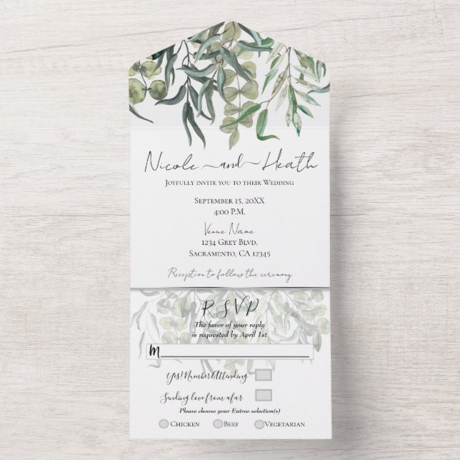 Wispy Eucalyptus Greenery Minimal Wedding All In One Invitation (Inside)